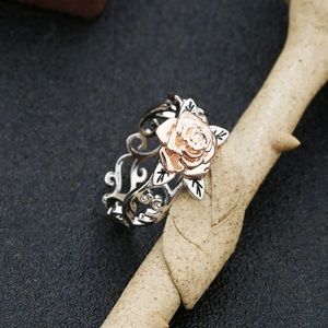 Solid 14K Rose Gold 925 Silver Flower Ring
